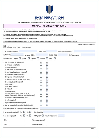 Cayman Islands Immigration Medical Examinations Form