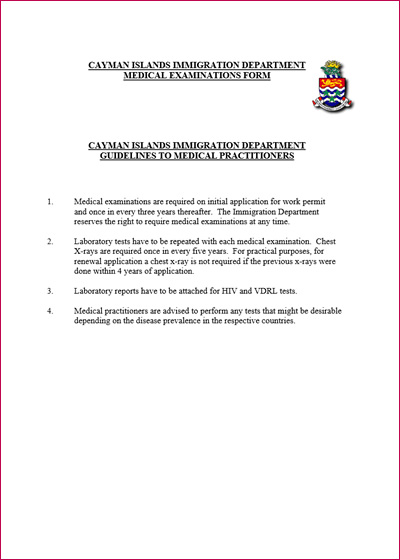 Cayman Islands Visa Medical Examinations Form